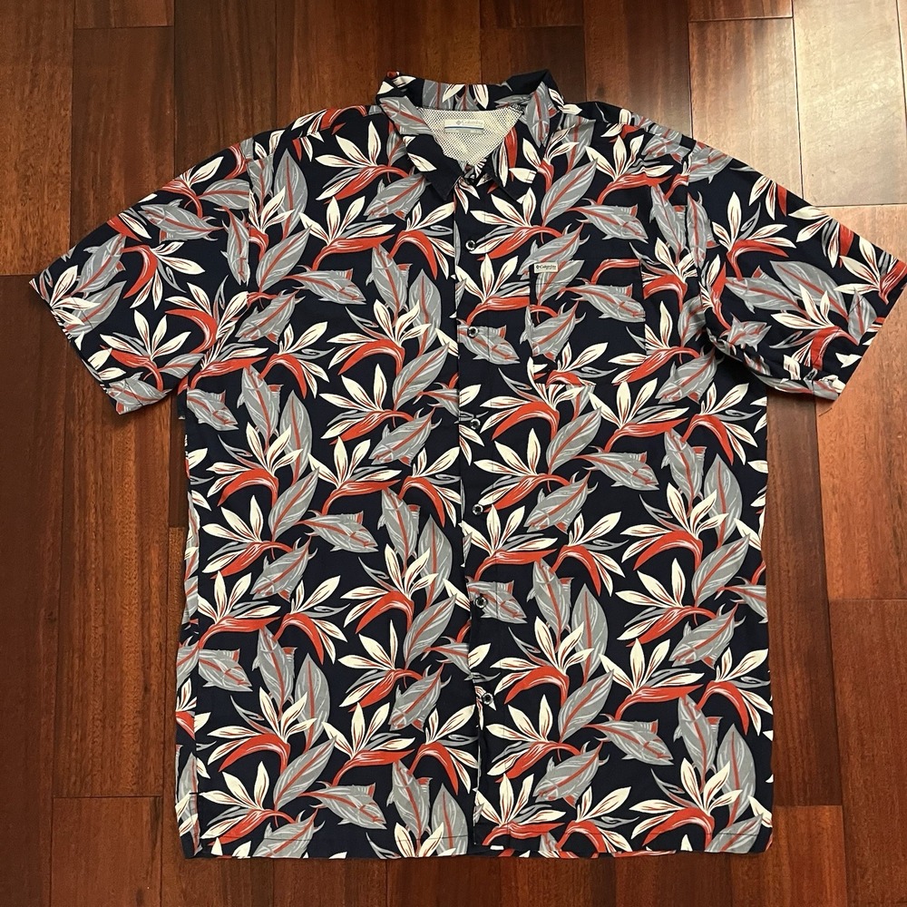 Columbia Shirt Mens 2XT Blue PFG Floral Nautical Button Up Fishing 2xlt 2tl Work